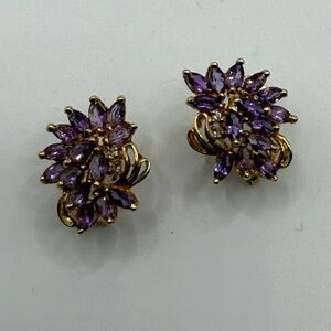 Elegant Purple Amethyst and Diamonds set in 14K Yellow Gold Floral Earrings